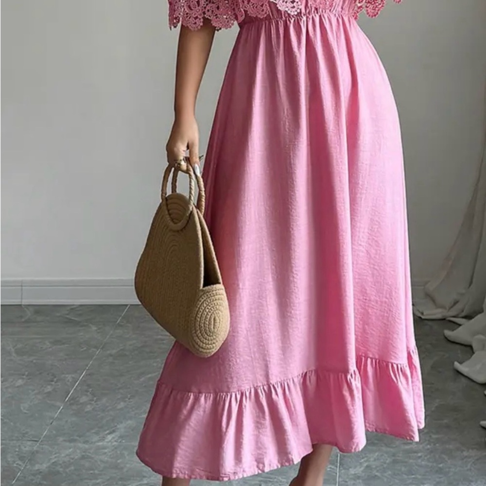 Elegant Pink Lace Trim Midi Dress